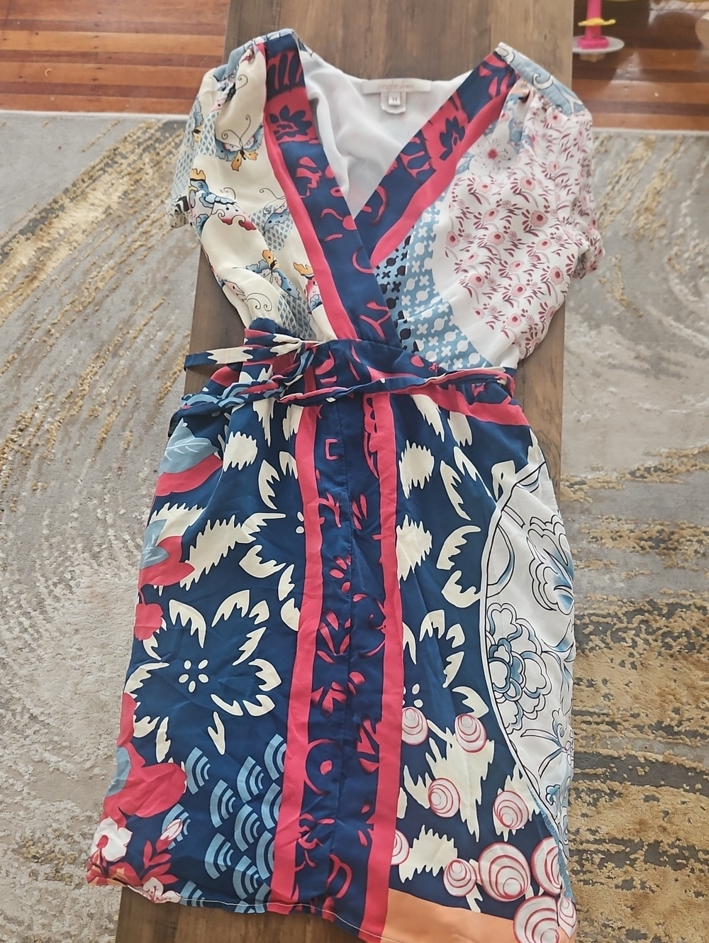 Floral Multi-Print Wrap Dress — Navy & Coral